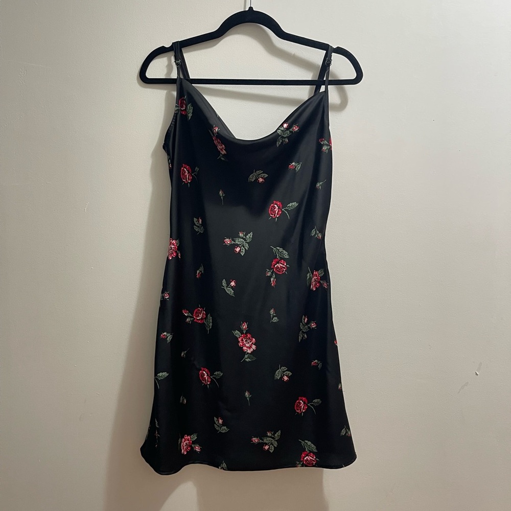 BP Black Dress with Red and Green Floral Design